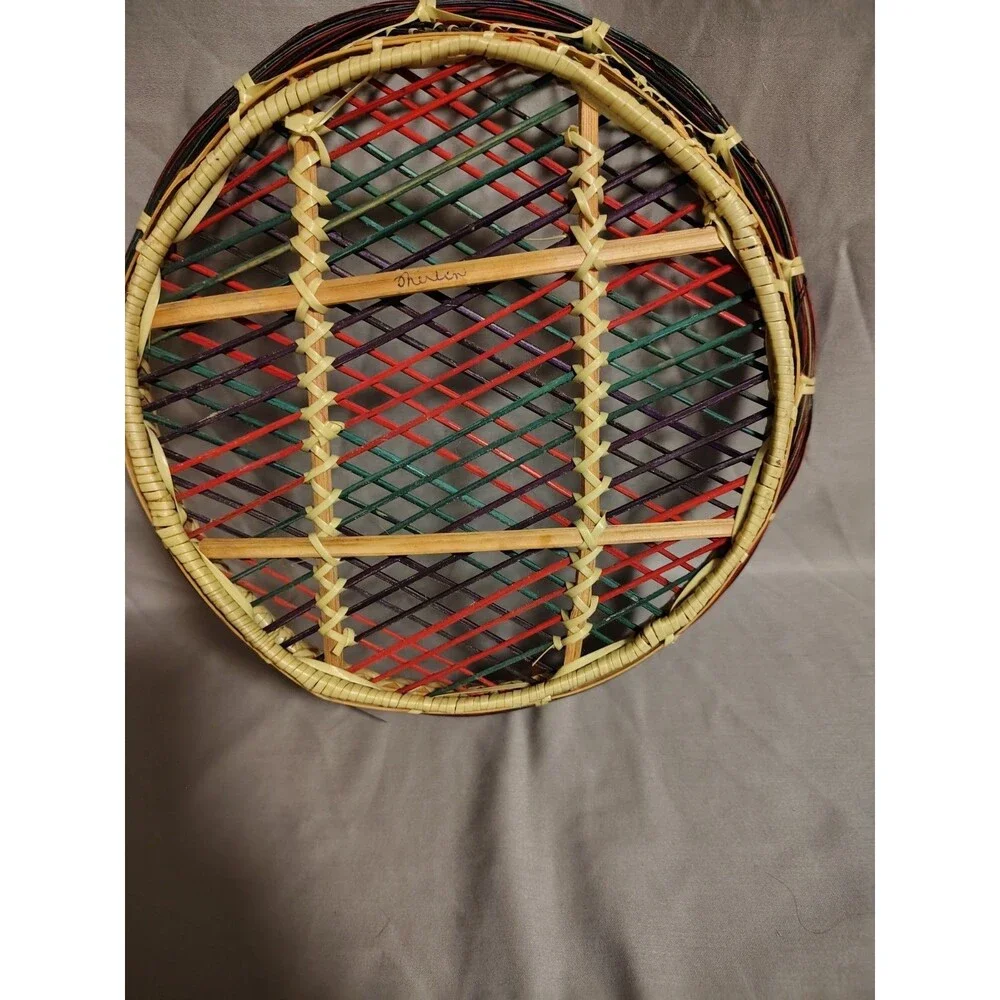 Vintage Multicolor Wicker Rattan Woven Basket Bowl Boho Decor Boho Chic MCM
